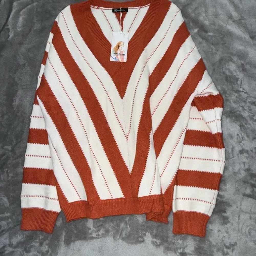 V-Neck Striped Knit Sweater in Orange and Cream